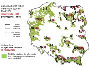 Rys. 3. Obszary rzeczywistego i potencjalnego występowania wilków w Polsce (wskazane przez model GIS) oraz rzeczywiste i potencjalne liczebności wilka w poszczególnych obszarach (W. Jędrzejewski, B. Zawadzka, T. Borowik i in., 2009).