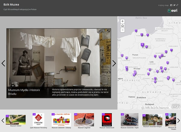 Rys. 1. Aplikacja Story Map przedstawiająca nietypowe muzea w Polsce, która zajęła III miejsce w konkursie Esri Polska na najlepsze Story Maps organizowanym w 2013 roku.