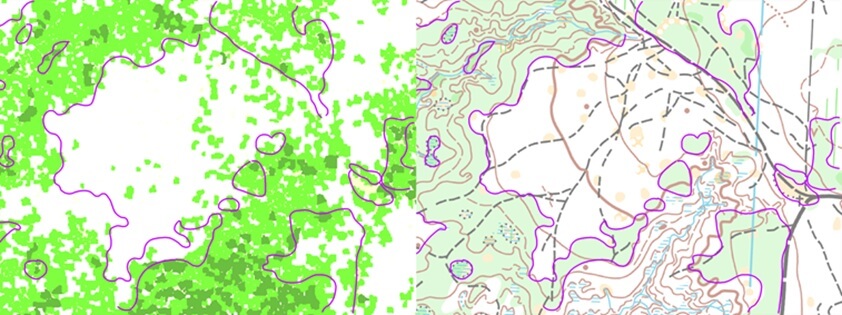Rys. 3. Fragmenty automatycznie wygenerowanej mapy przebieżności lasu (po lewej) oraz mapy do biegu na orientację (po prawej).