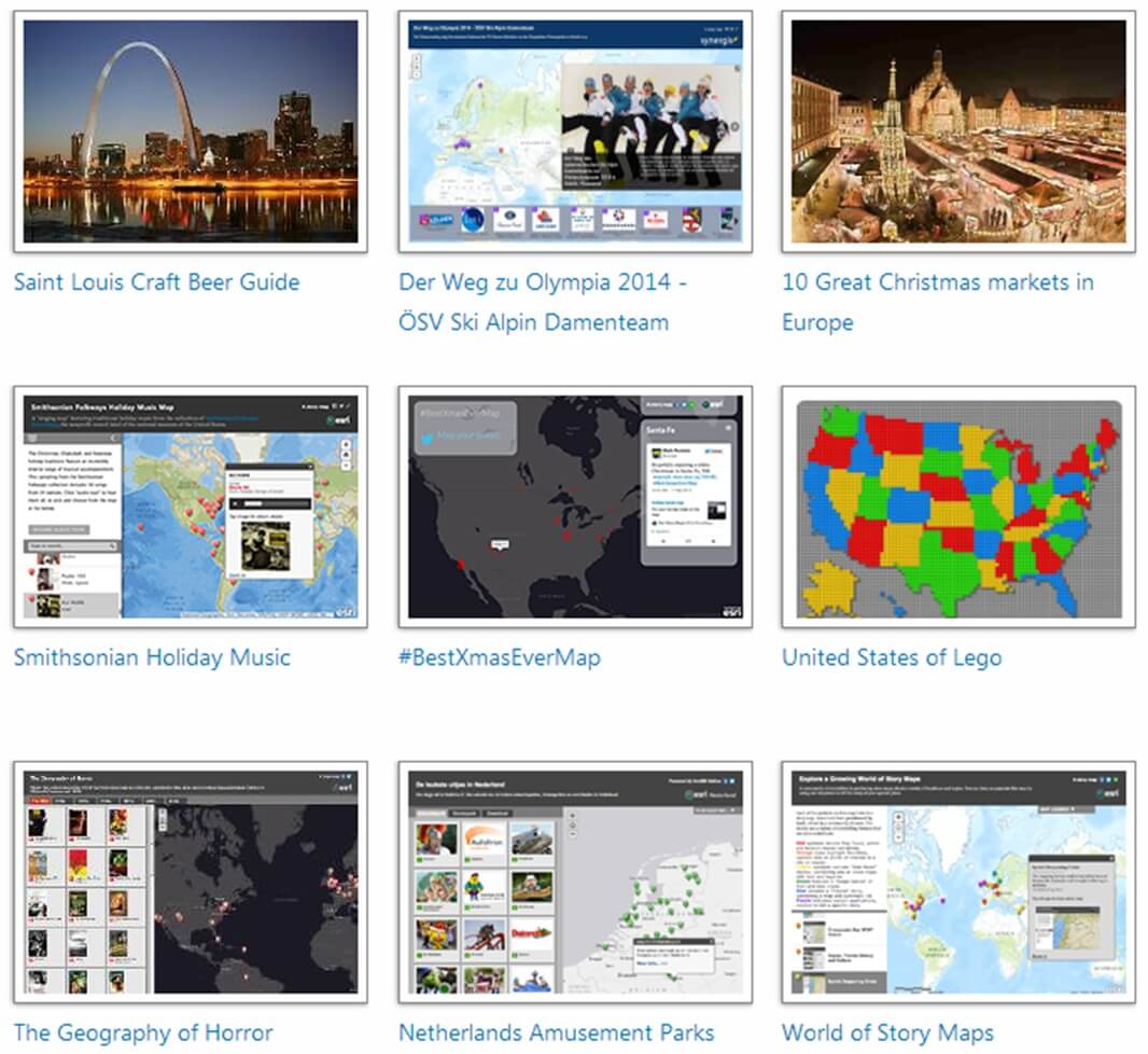 Rys. 4. Aplikacje mapowe utworzone za pomocą różnych szablonów na stronie storymaps.arcgis.com – sekcja Sports and Entertainment.