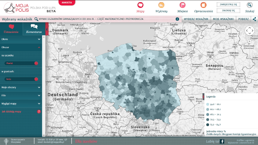 Rys. 2. Wyniki egzaminów gimnazjalnych (część matematyczno-przyrodnicza) wyświetlone w serwisie www.mojapolis.pl.