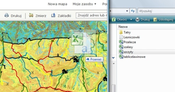 Rys. 3. Dodawanie danych przez przeniesienie z pliku w formacie CSV do arkusza mapy w aplikacji ArcGIS Online.