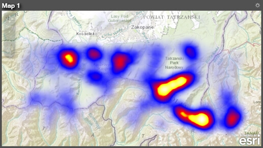 Rys. 7. Mapa szczytów w Tatrach przedstawiona przy użyciu opcji Add Heatmap, która obrazuje ich największe zagęszczenie.