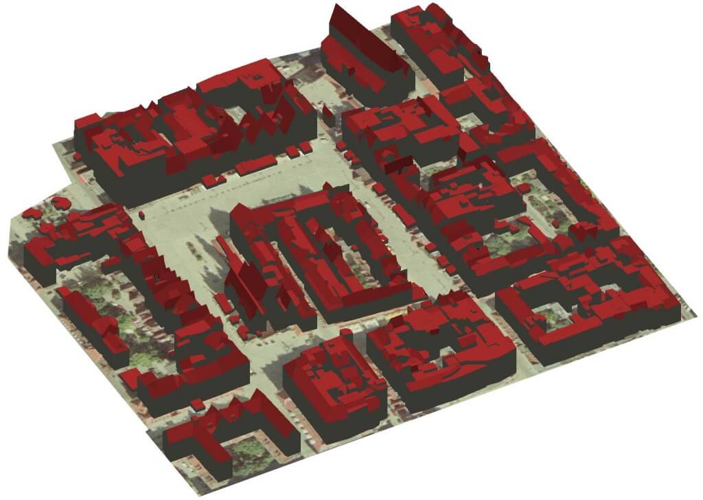 Rys. 2. Budynki 3D na obszarze Starego Miasta we Wrocławiu wygenerowane automatycznie na podstawie danych pochodzących z projektu ISOK w oprogramowaniu TerraScan.