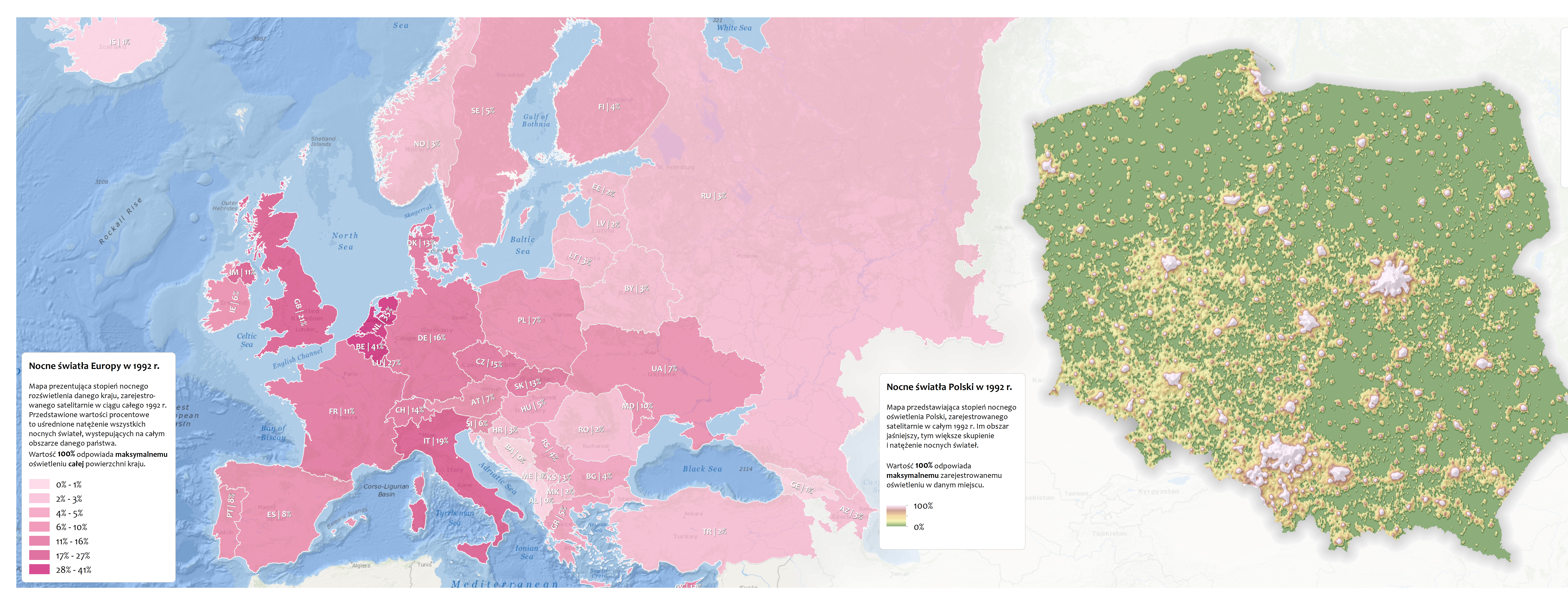 Rys. 1. Procentowe wartości maksymalnego natężenia nocnego oświetlenia obszarów Polski i Europy w 1992 roku, z uwzględnieniem obecnie obowiązujących granic krajów europejskich.
