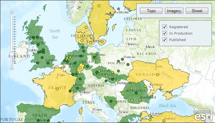 Rys. 1. Uczestnicy Community Maps Program w Europie (zielony kolor – dane opublikowane, żółty – dane w opracowaniu).