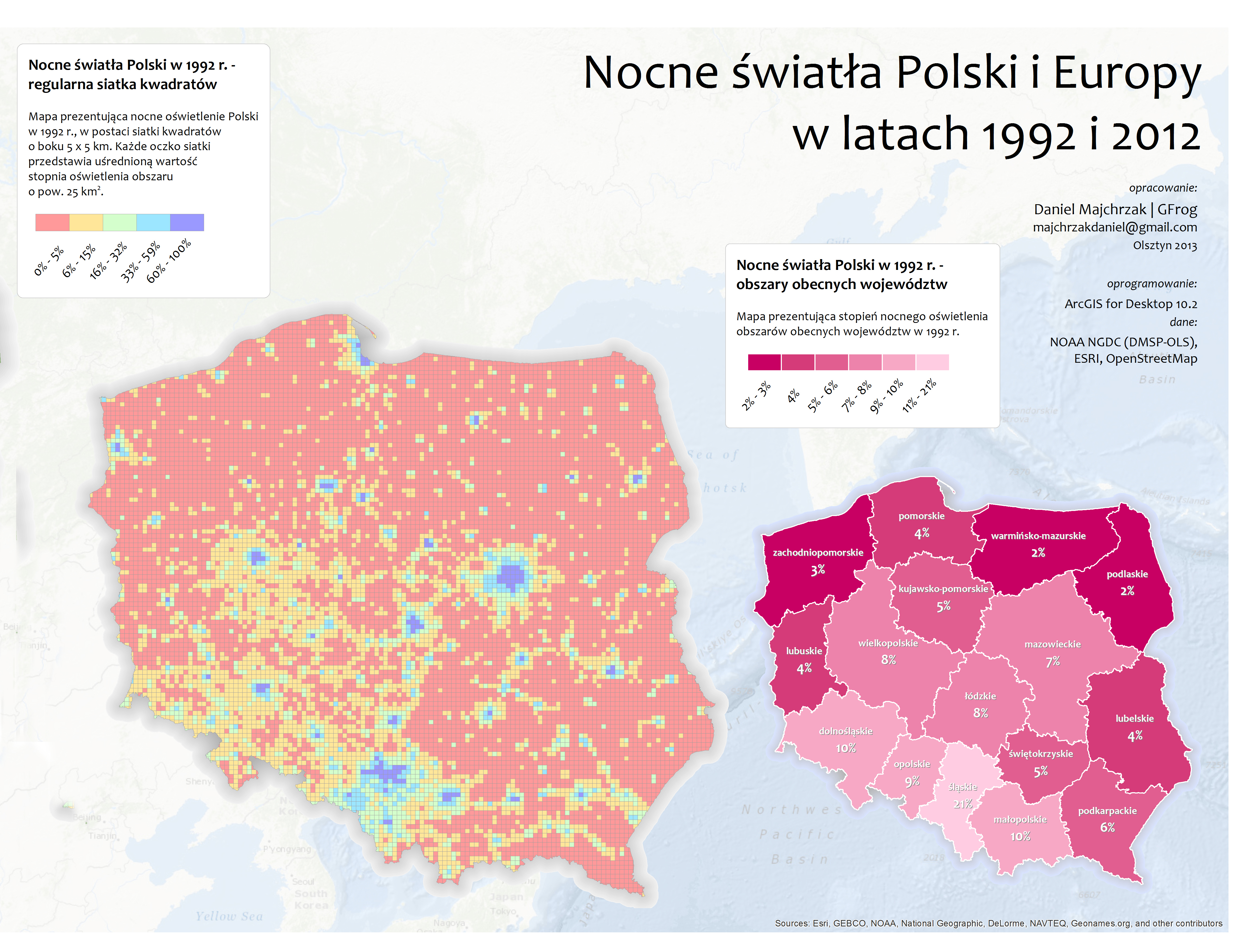 Rys. 2. Natężenie nocnego oświetlenia obszaru Polski w 1992 roku, z podziałem na regularną siatkę kwadratów o boku długości 5 km, stanowiące procentową wartość natężenia maksymalnego.