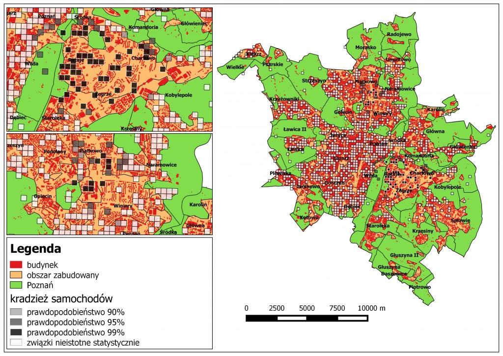 Ryc. 1. Rozkład przestrzenny kradzieży samochodów o różnym prawdopodobieństwie na tle obszarów zabudowanych w Poznaniu (na podstawie danych Komendy Miejskiej Policji w Poznaniu oraz BDOT).