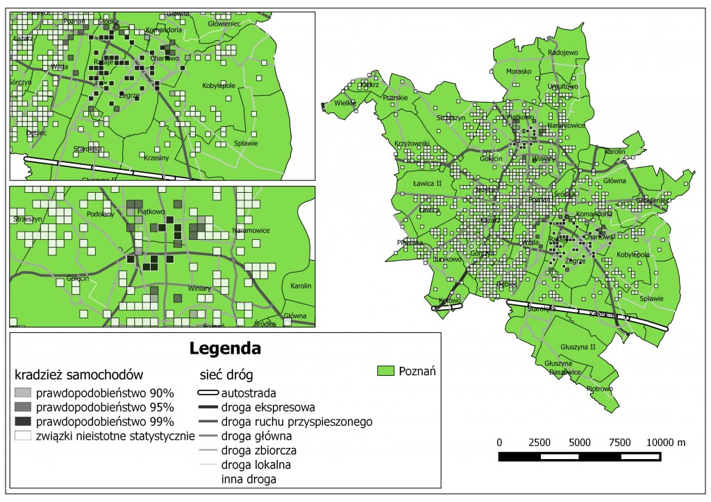 Ryc. 2. Rozkład przestrzenny kradzieży samochodów o różnym prawdopodobieństwie na tle sieci drogowej Poznania (na podstawie danych Komendy Miejskiej Policji w Poznaniu oraz BDOT).