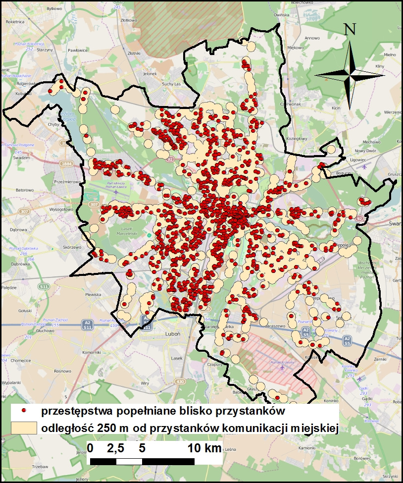 Ryc. 2. Przestępstwa popełniane w bliskiej odległości od przystanków komunikacji miejskiej w Poznaniu od 2004 do 2013 roku