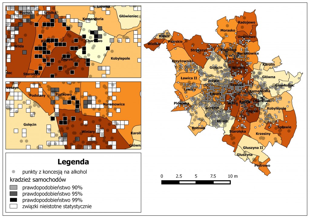 Ryc. 3. Rozkład przestrzenny kradzieży samochodów o różnym prawdopodobieństwie na tle obiektów posiadających koncesję na sprzedaż alkoholu w Poznaniu (na podstawie danych Komendy Miejskiej Policji w Poznaniu oraz Wydziału Działalności Gospodarczej i Rolnictwa Urzędu Miasta Poznania).