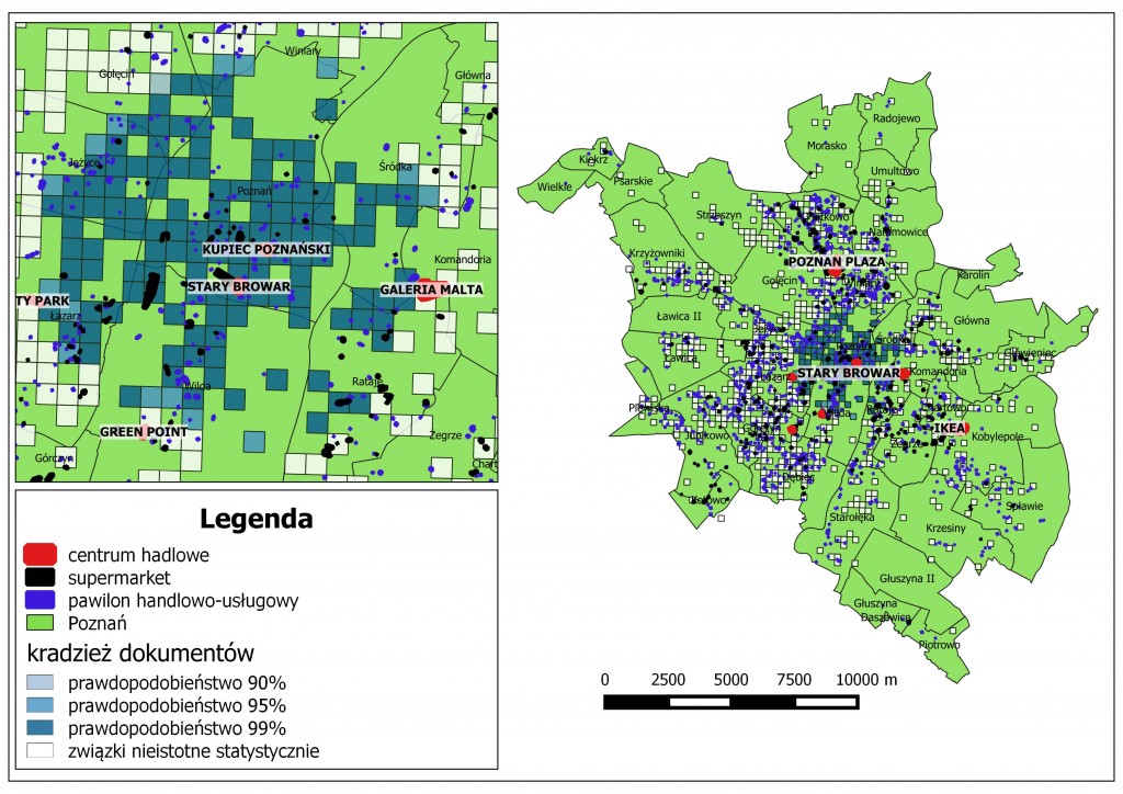 Ryc. 4. Rozkład przestrzenny prawdopodobieństwa kradzieży dokumentów na tle lokalizacji obiektów handlowych w Poznaniu (na podstawie danych Komendy Miejskiej Policji w Poznaniu oraz BDOT).