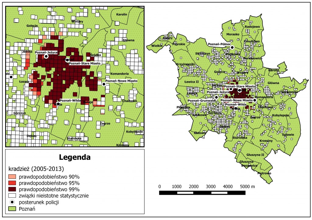 Ryc. 5. Analiza lokalizacji komisariatów, a kradzieże w latach 2005 - 2013 (na podstawie danych Komendy Miejskiej Policji w Poznaniu).