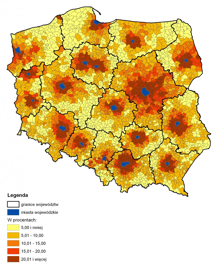 Rys. 1. Udział przyjeżdżających do pracy do miast wojewódzkich w liczbie zatrudnionych w gminie zamieszkania w 2011 roku