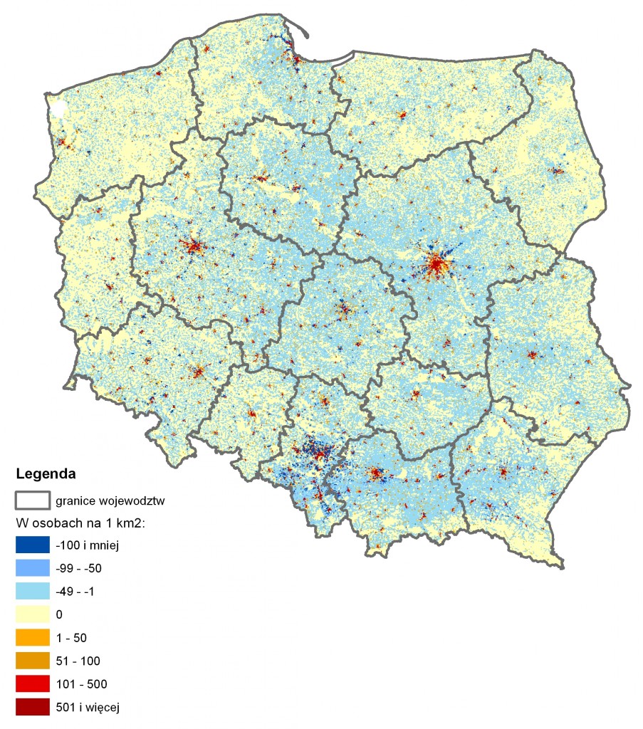 Rys. 4. Nadwyżka liczby osób przyjeżdżających do pracy nad liczbą osób wyjeżdżających do pracy w 2011 roku