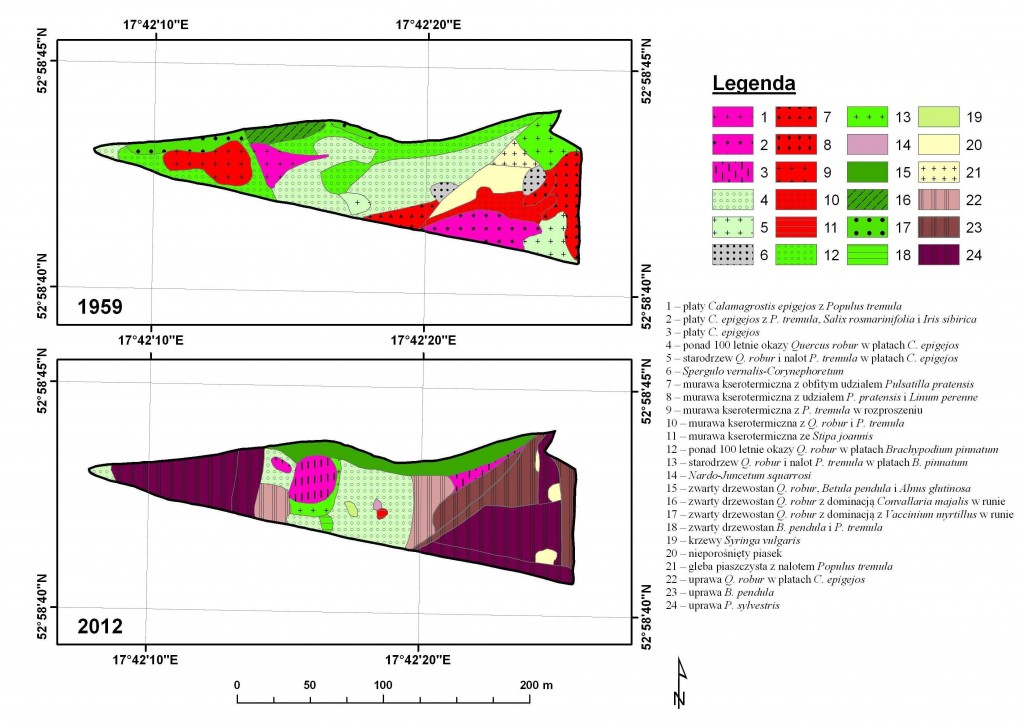 Rys. 2. Mapy roślinności rzeczywistej według stanu z lat 1959 i 2012