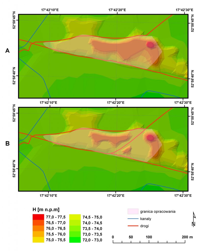 Rys. 4 Trójwymiarowy model terenu (DEM): A – stan obecny, B – rekonstrukcja z okresu przed wykonaniem przekopu