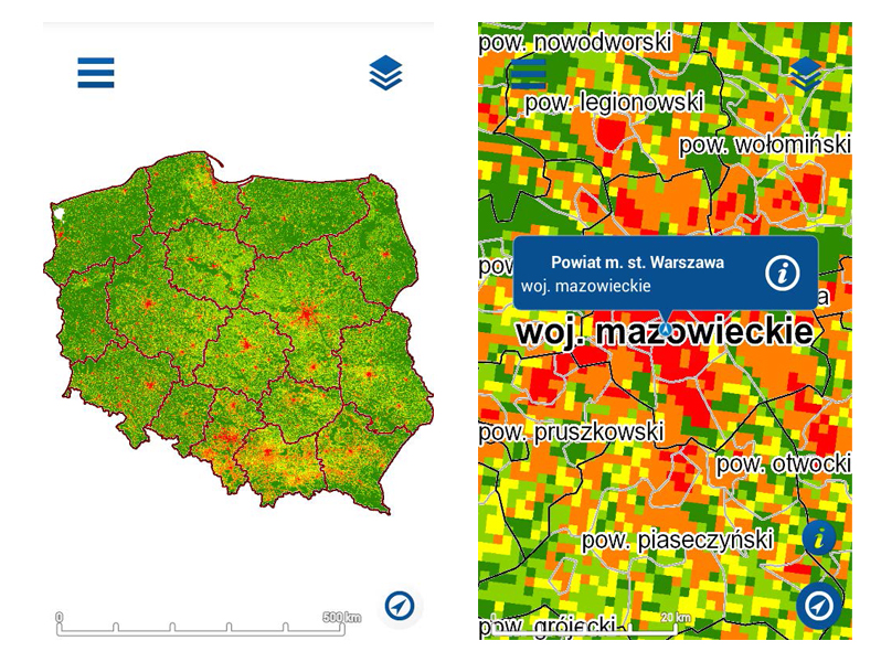 Rys. 4 Mobilny Portal Geostatystyczny – prezentacja danych (Gęstość zaludnienia. Liczba ludności na km2) w siatkach kilometrowych