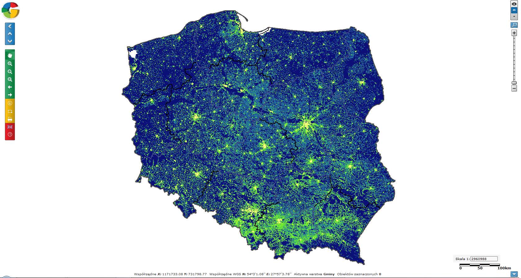 Rys. 3. Publikacja danych (Gęstość zaludnienia. Liczba ludności na km2) w siatkach kilometrowych (grid) o oczku 1 km2.