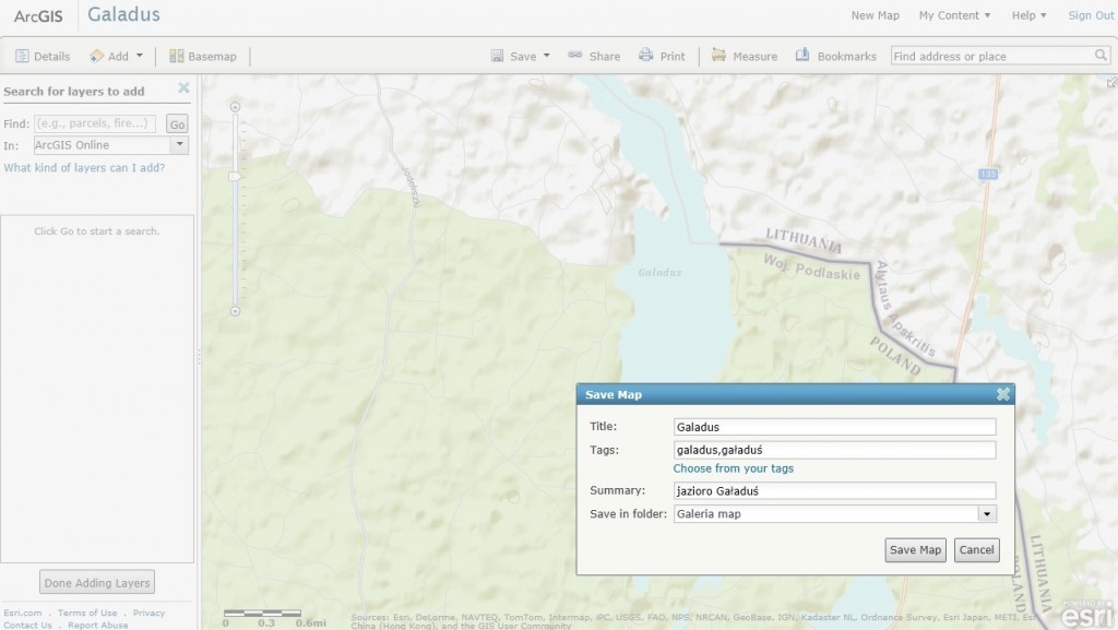 Rys. 4. Do własnej galerii map możesz dodać swoją mapę utworzoną w sieci, mapy utworzone przez innych i udostępnione w ArcGIS Online, a także inną zawartość dostępną w ArcGIS Online.