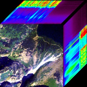 Ryc. 1. Wizualizacja wielowymiarowa data cube fragmentu Tatr Wysokich z zobrazowania hiperspektralnego ROSIS. Na pierwszym planie przedstawia się dowolną kompozycję RGB, a na górnej i lewej krawędzi z przesunięciem jednego piksela obrazuje się odpowiedzi spektralne kolejnych kanałów zobrazowania.