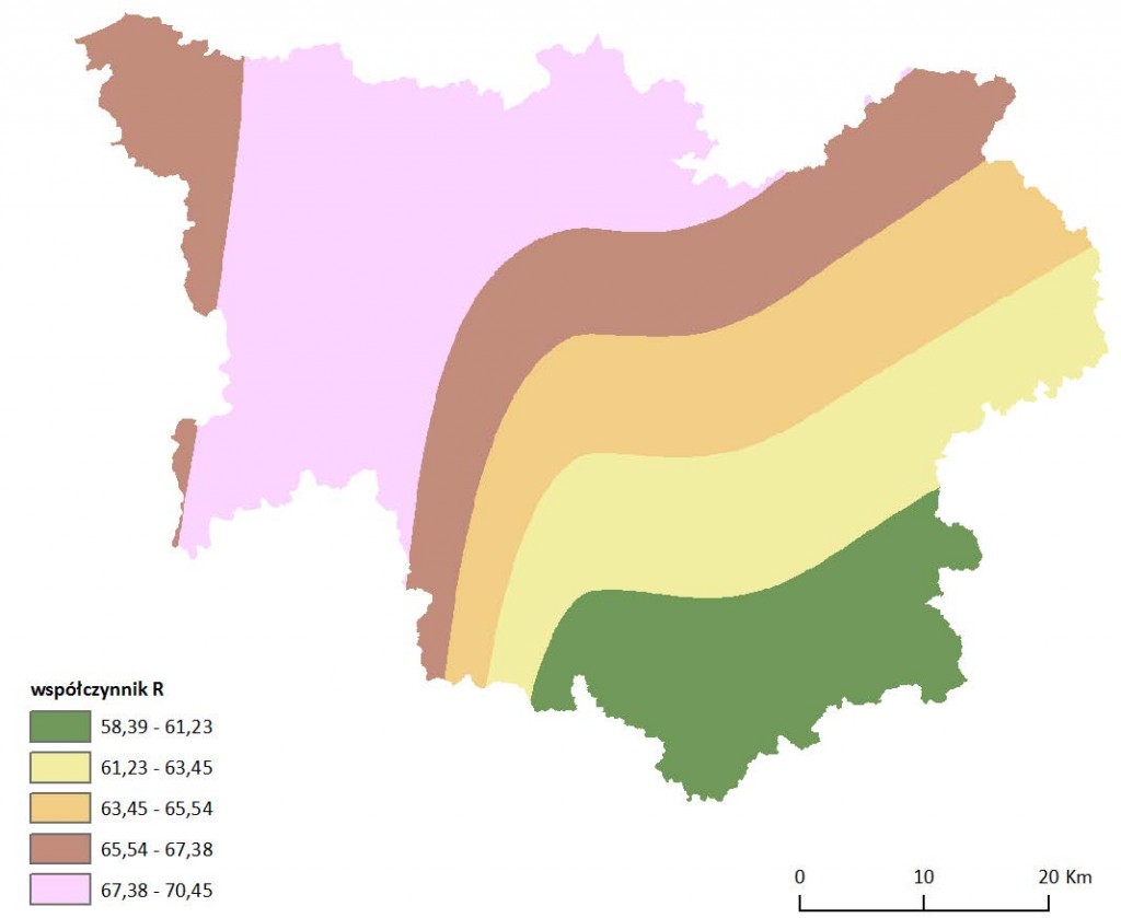 Ryc. 2 Mapa wartości wskaźnika erozyjności opadu R dla obszaru dorzecza Parsęty