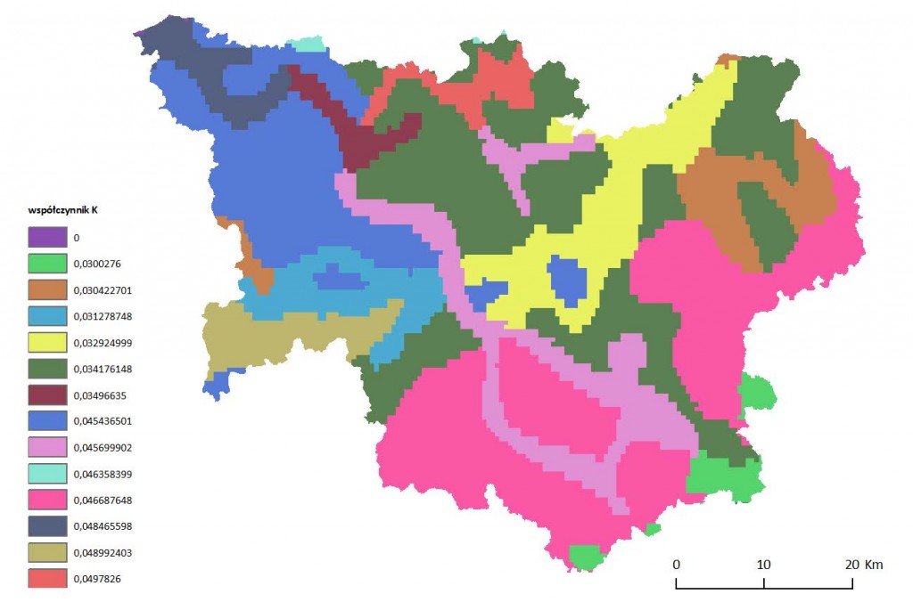 Ryc. 3 Mapa wartości wskaźnika podatności gleb na erozję K dla obszaru dorzecza Parsęty