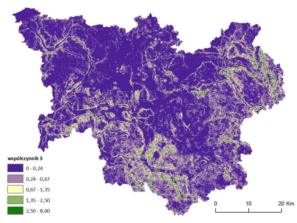 Ryc. 4 Mapa wartości wskaźnika nachylenia stoku S dla obszaru dorzecza Parsęty
