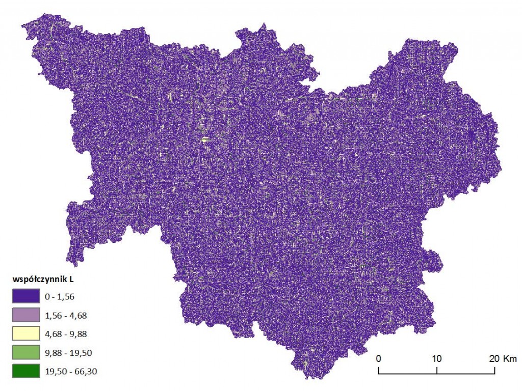 Ryc. 5 Mapa wartości wskaźnika długości stoku L dla obszaru dorzecza Parsęty