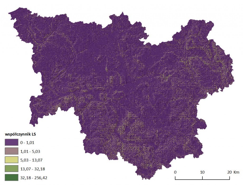 Ryc. 6 Mapa wartości wskaźnika topologicznego LS dla obszaru dorzecza Parsęty