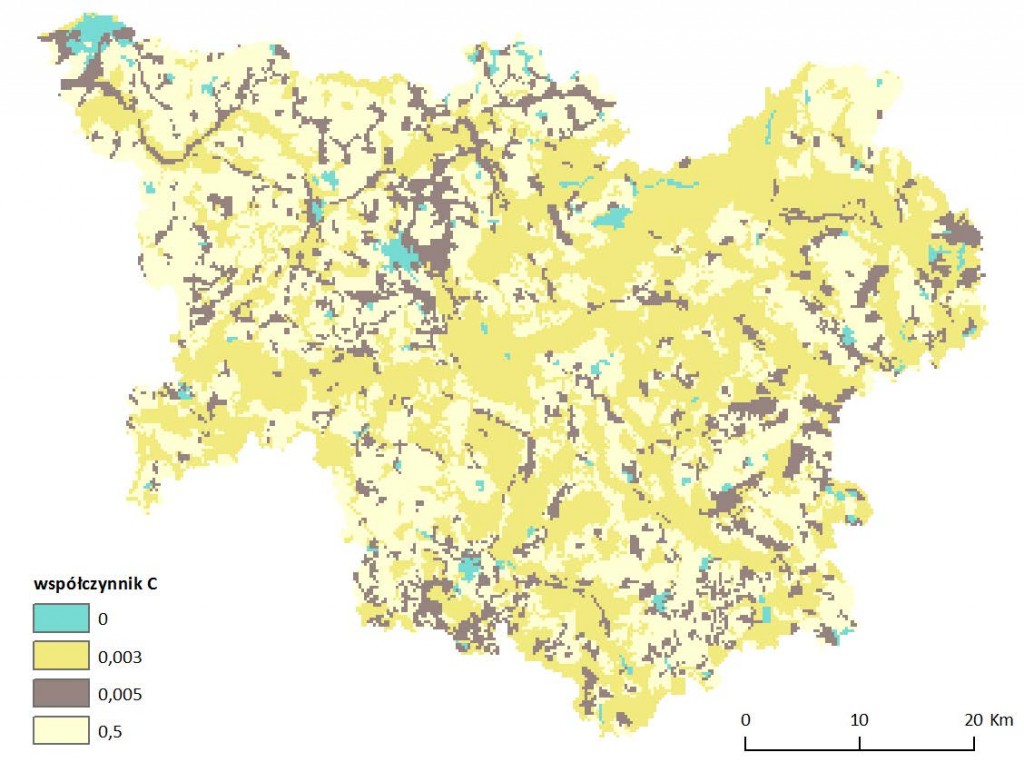 Ryc. 7 Mapa wartości wskaźnika ochronnej roli pokrywy roślinnej C dla obszaru dorzecza Parsęty 