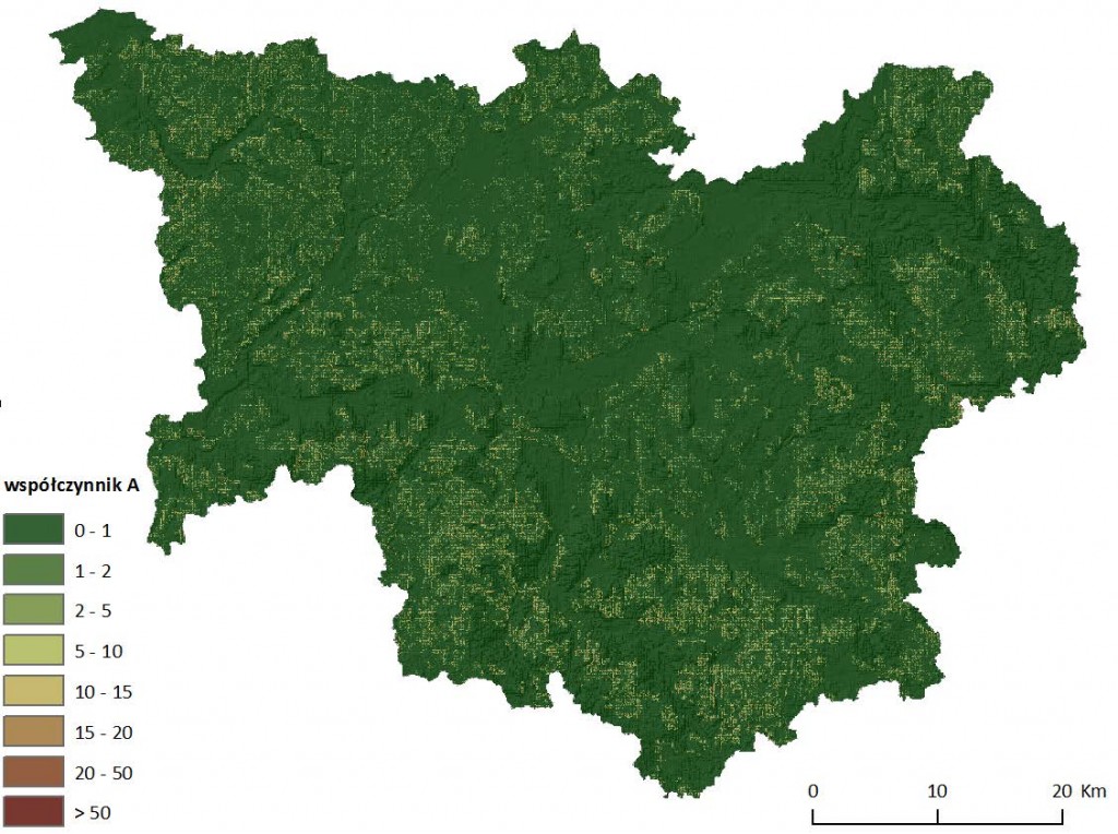 Ryc. 9 Mapa wartości wskaźnika średniej rocznej masy gleby wyerodowanej [t/(ha*rok)] z jednostki powierzchni dla dorzecza Parsęty