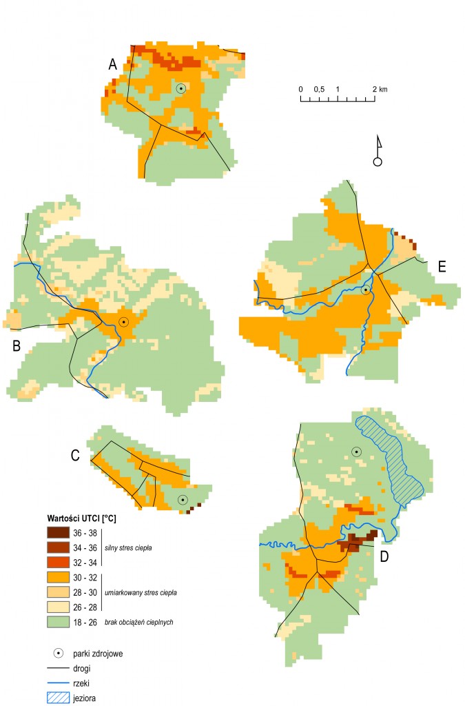 Rys. 3. Wartości UTCI w uzdrowiskach: Gołdap (A), Świtoujście (B), Konstancin (C), Lądek Zdrój (D), Dusko-Zdrój (E).