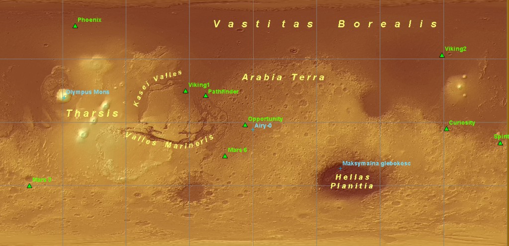 Rys. 8. Powierzchnia Marsa z zaznaczonymi lądowaniami sond.