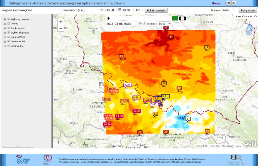 Rys. 5. Prognoza temperatury dla otoczenia domeny CRIS uzyskana z wykorzystaniem modelu WRF.