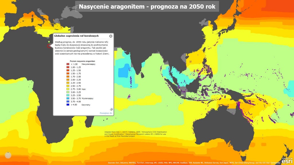 Rys. 3. Jedynie obszary oznaczone kolorem ciemnoniebieskim, o nasyceniu aragonitem powyżej 3,5 rokują nadzieję na utrzymanie raf koralowych po 2050 roku.