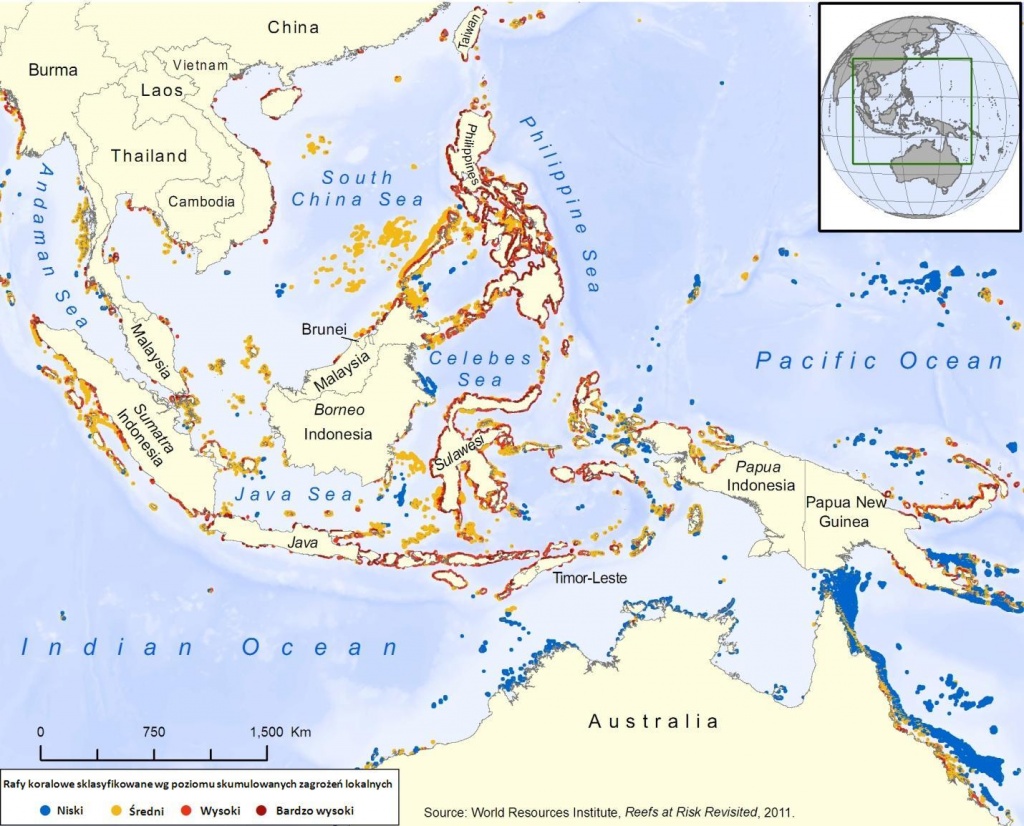 Rys. 4. Istnienie raf koralowych Azji Południowo - Wschodniej, będących jednocześnie najbogatszymi pod względem liczby gatunków koralowców, jest najbardziej zagrożone. Spośród dużych i znanych raf największe szanse na długie przetrwanie ma Wielka Rafa Koralowa.