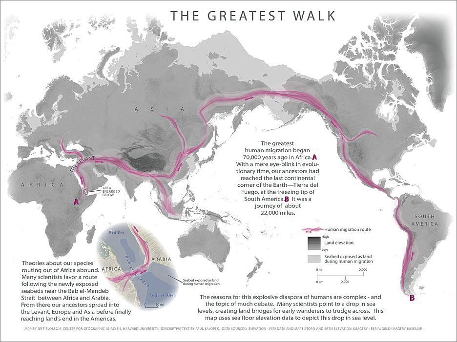 Rys. 1 . Mapa The Greatest Walk (Najdłuższy Spacer) przedstawia ścieżki prehistorycznych migracji. Salopek spędzi osiem lat odtwarzając trasę 21 000 mil od wschodniej Afryki po południowy kraniec Ameryki Południowej. Zdjęcie dzięki uprzejmości Harvard University Center for Geographic Analysis.