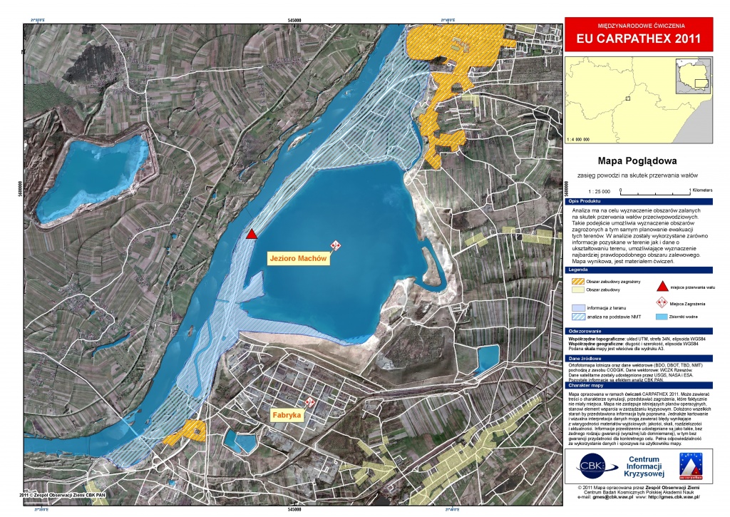 Rys. 4. Mapa zasięgu symulowanej powodzi dla okolic Machowa wraz z identyfikacją zagrożonego obszaru zabudowy..