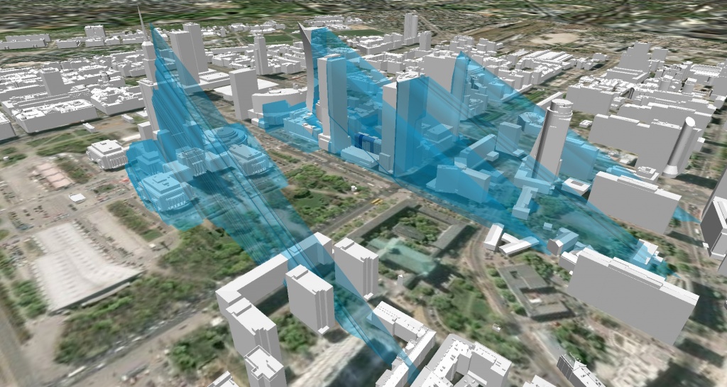 Rys.1. Zacienienie budynków w okolicy budowy wieżowca Złota 44 w godzinach porannych wybranego dnia marca. Wizualizacja w ArcGlobe.