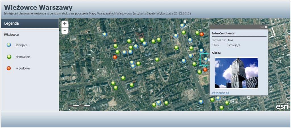 Rys. 3. Istniejące i planowane wieżowce w centrum Warszawy. Aplikacja wykonana w ArcGIS Online.