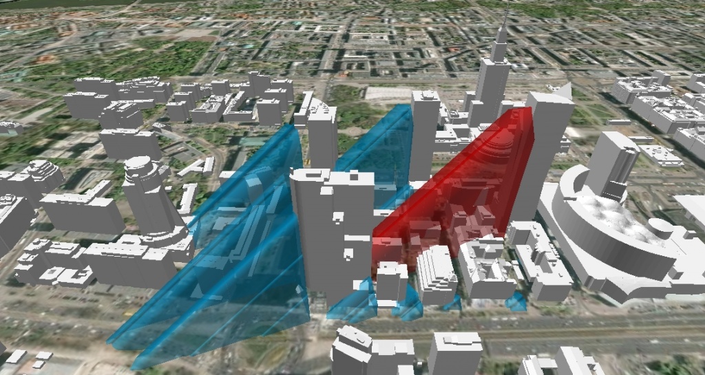 Rys. 4. i rys. 5. Analiza zacienienia budynków w okolicy budowy wieżowca Złota 44 w dniu 9 kwietnia 2012 roku o godzinie 9:30.