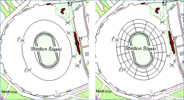 Rys. 3. Przedstawienie trybun stadionu przy pomocy swobodnych reprezentacji.