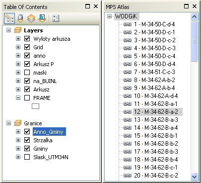 Rys. 4. Tabela warstw mapy oraz okno sterujące MPS Atlas.