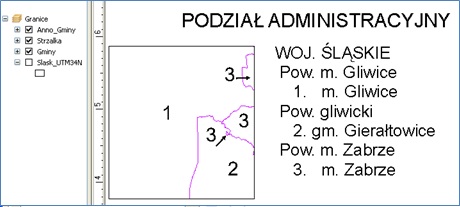 Rys. 6. Dynamiczne wyświetlanie podziału administracyjnego arkusza mapy.