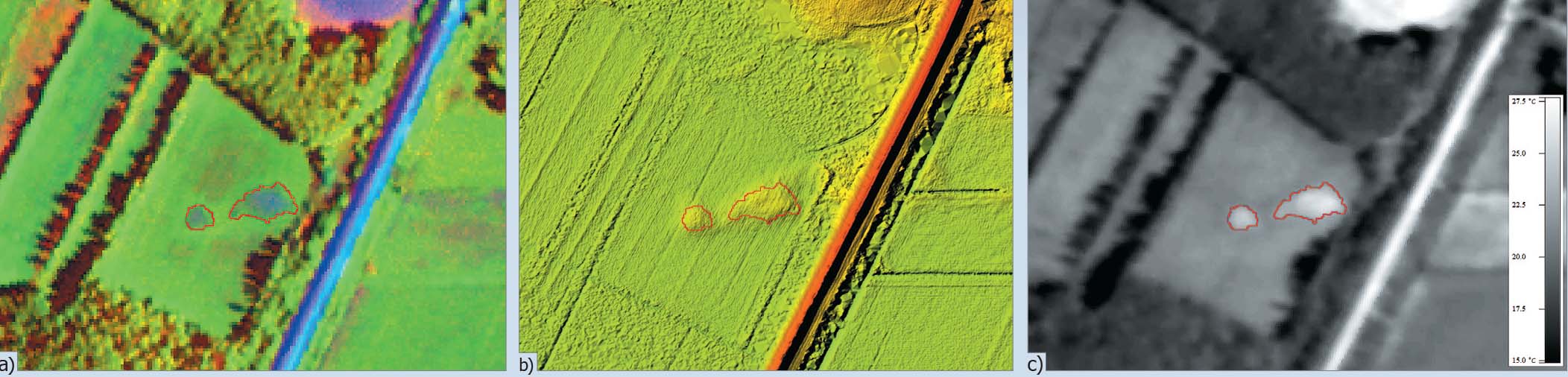 Rys. 3. Cechy siedliska (muraw bliźniczkowych) zidentyfikowane na danych teledetekcyjnych: a) obraz hiperspektralny, b) Numeryczny Model Terenu, c) obraz termalny.