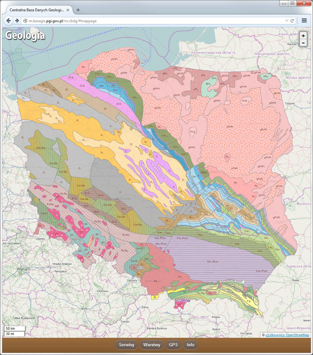 Rys. 1. Geologia w oknie desktopowej przeglądarki internetowej. Na ekranie widoczna Mapa geologiczna ścięcia poziomego w skali 1:750 000 (5000 m p.p.m.).
