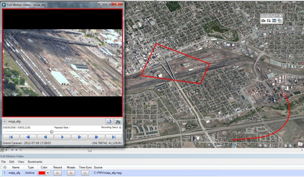 Rys. 3. Interfejs aplikacji ArcMap z aktywnym dodatkiem FMV. Wizualizacja danych.