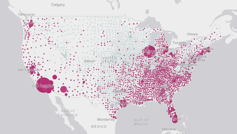 Rys. 1. Kolor może pomóc opowiedzieć historię o twoich danych. W tej mapie wykorzystano kolor ciemnoczerwony do wyróżnienia powiatów o ponadprzeciętnym bezrobociu.