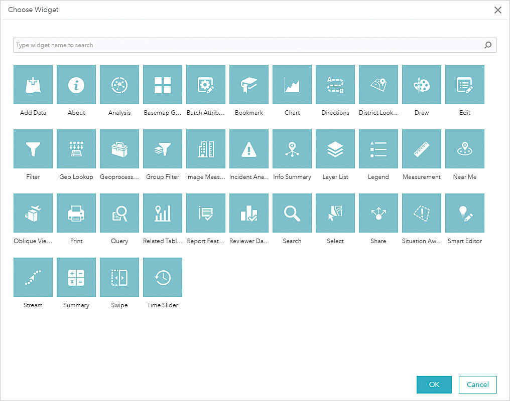 Rys. 3. Web AppBuilder for ArcGIS zawiera wiele widżetów, które umożliwiają błyskawiczne dodawanie funkcji do tworzonej aplikacji. Nowe widżety są stale rozwijane i udostępniane za pośrednictwem społeczności użytkowników Web AppBuilder for ArcGIS.